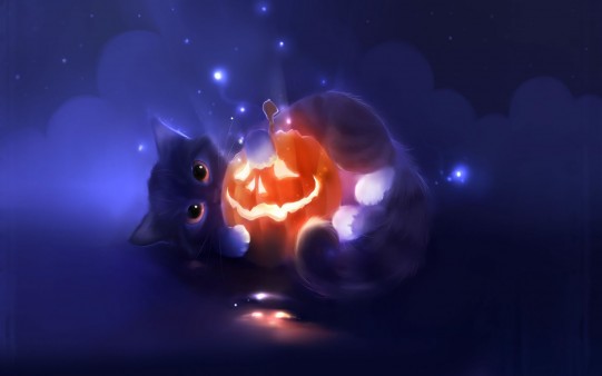 Gatito con calabaza de Halloween